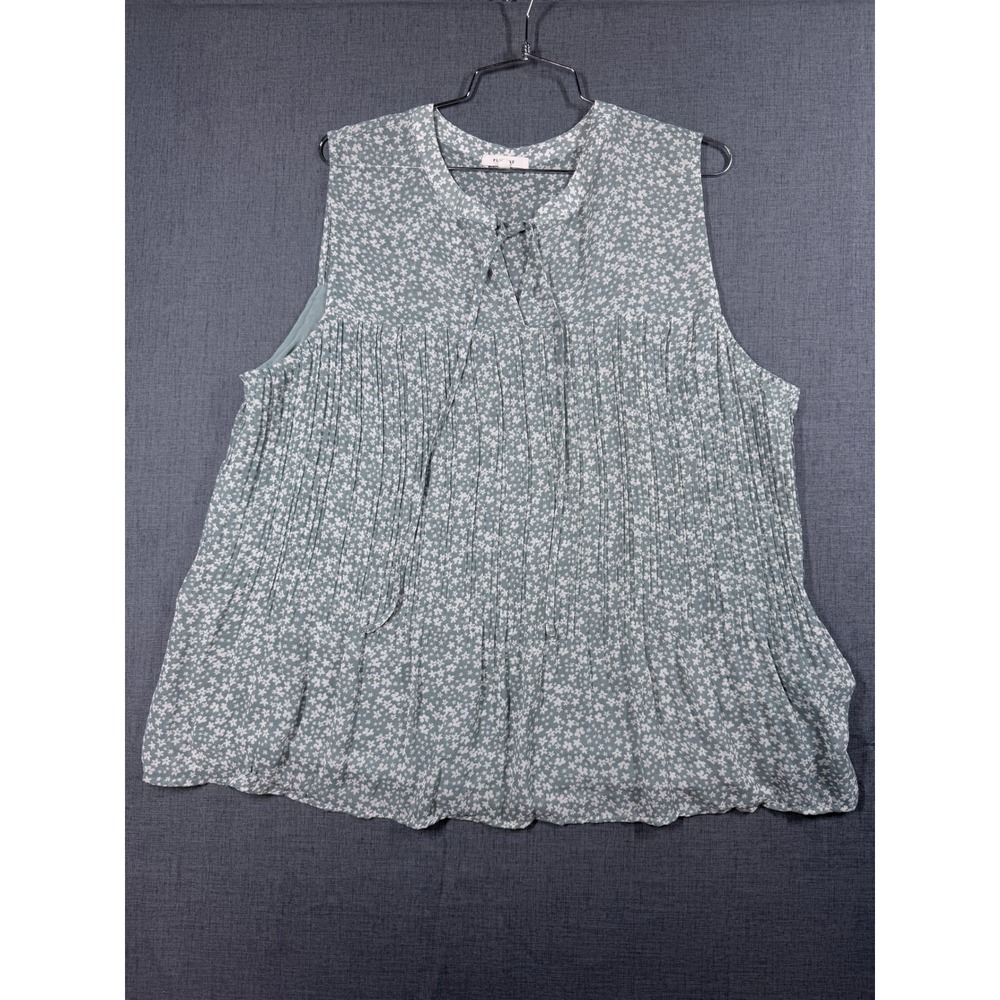 Pleione Womens XL Floral Sleeveless Pleated Blouse Sage Green Tie Neck